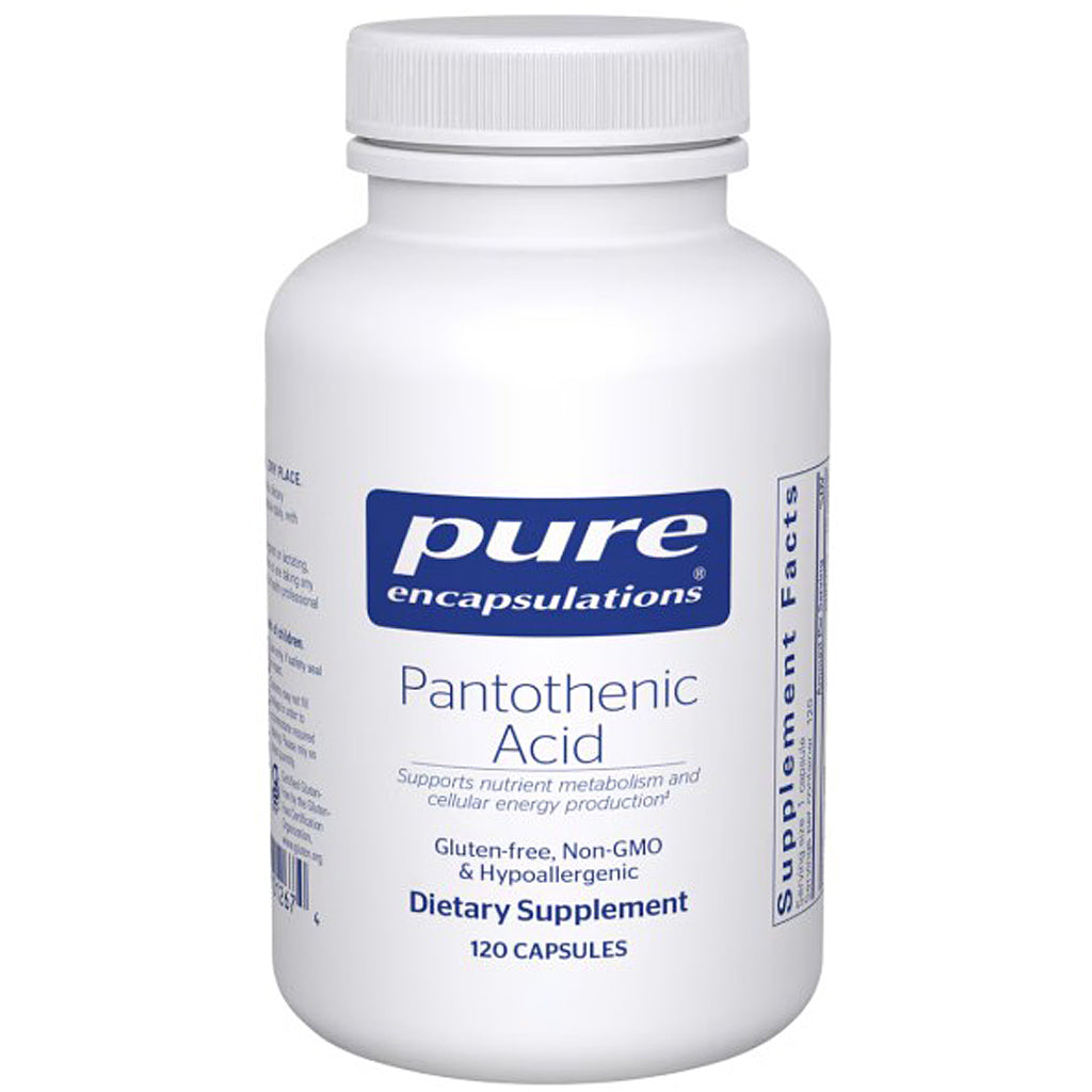 Supplement bottle labeled 'pure encapsulations Pantothenic Acid' on a white background