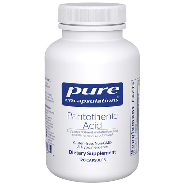 Supplement bottle labeled 'pure encapsulations Pantothenic Acid' on a white background