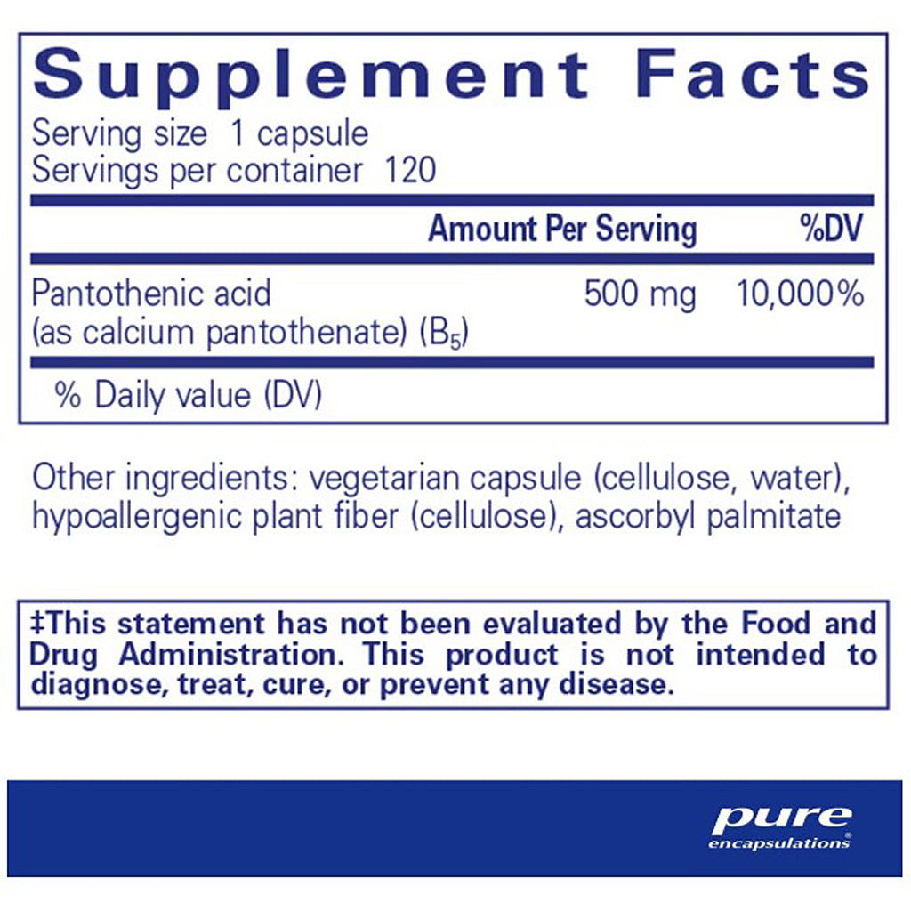 Supplement facts label for a pantothenic acid supplement from pure encapsulations