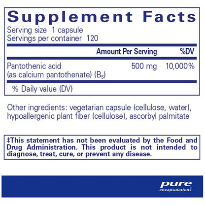 Supplement facts label for a pantothenic acid supplement from pure encapsulations