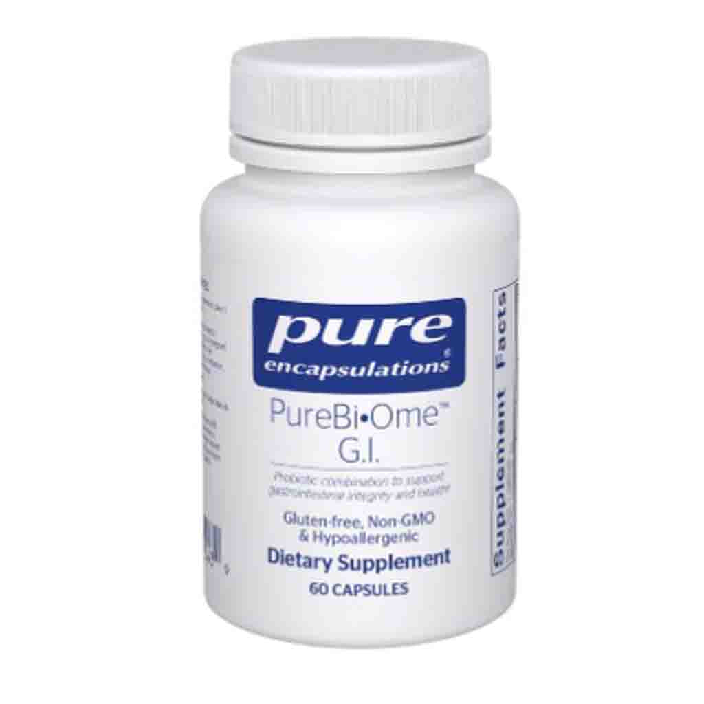 White supplement bottle labeled 'Pure Encapsulations PureBi-Ome G.I.' on a white background