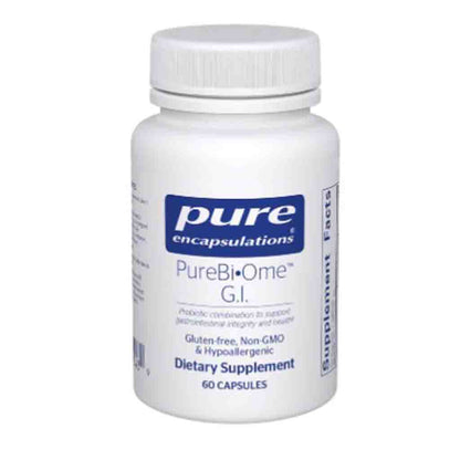 White supplement bottle labeled 'Pure Encapsulations PureBi-Ome G.I.' on a white background