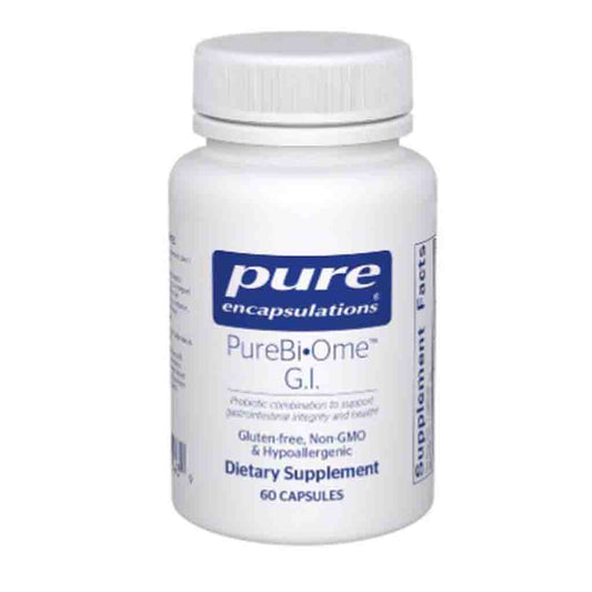 White supplement bottle labeled 'Pure Encapsulations PureBi-Ome G.I.' on a white background