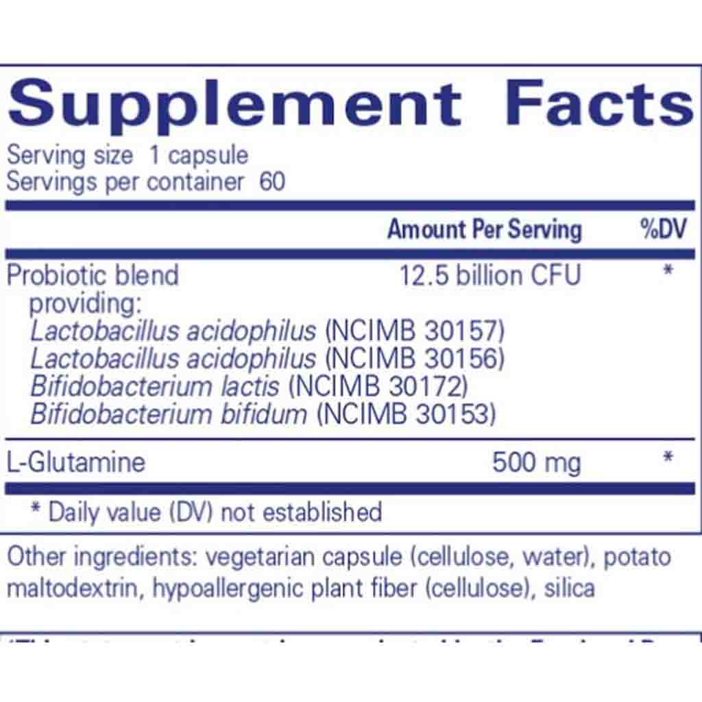Supplement facts label with probiotic blend and L-Glutamine on a white background