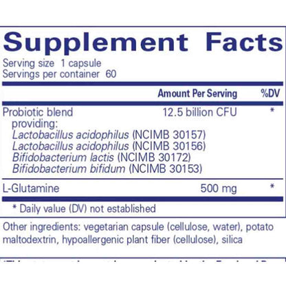 Supplement facts label with probiotic blend and L-Glutamine on a white background