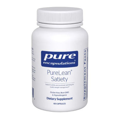 White supplement bottle labeled 'Pure Encapsulations PureLean Satiety' on a white background