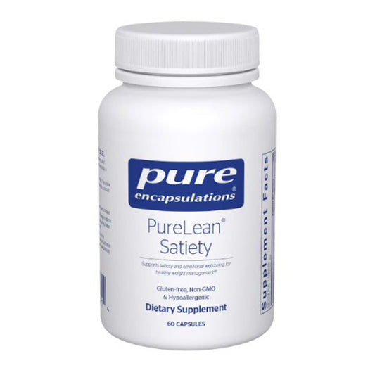 White supplement bottle labeled 'Pure Encapsulations PureLean Satiety' on a white background