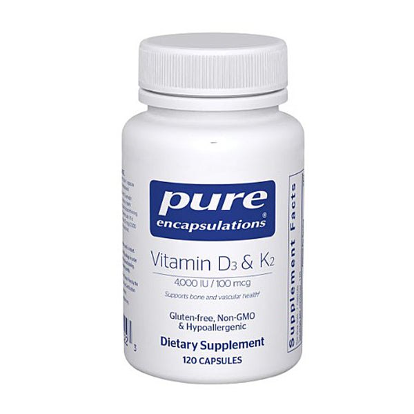 White supplement bottle labeled 'pure encapsulations Vitamin D3 & K2' on a white background