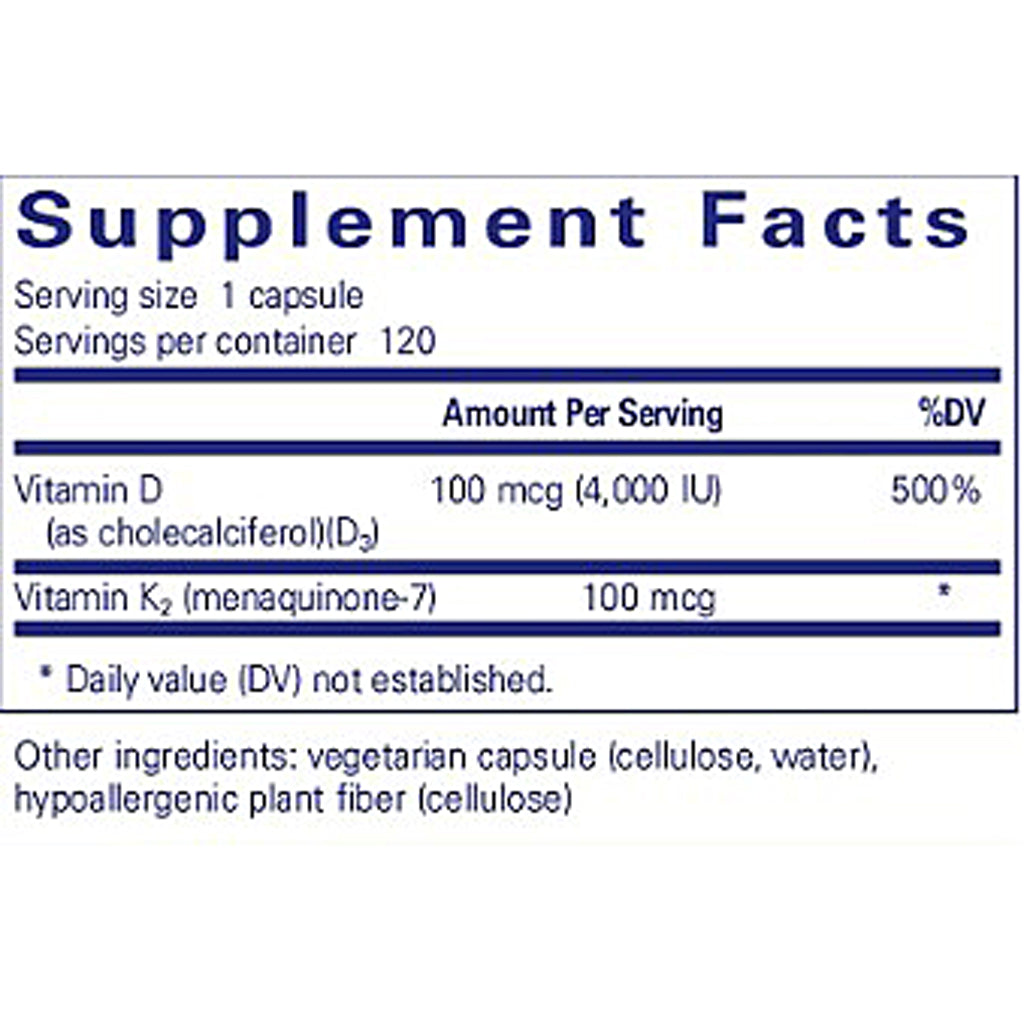 Supplement facts label with Vitamin D and Vitamin K2 content on a white background