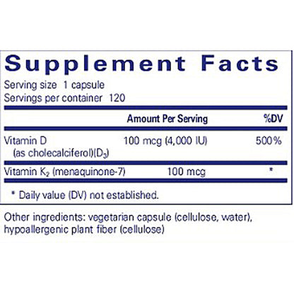 Supplement facts label with Vitamin D and Vitamin K2 content on a white background