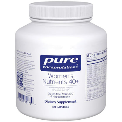 Supplement bottle labeled 'Women's Nutrients 40+' by Pure Encapsulations on a white background