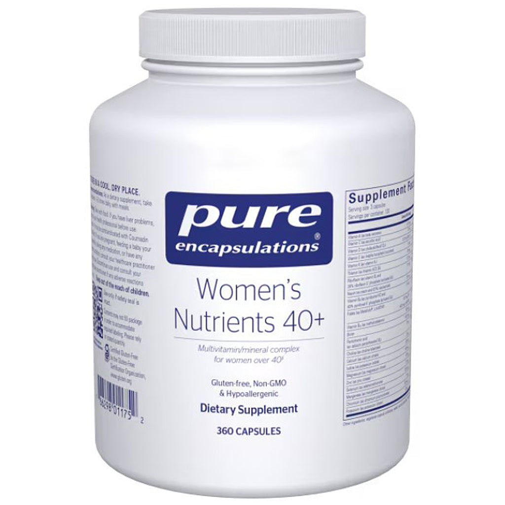 White supplement container labeled 'pure encapsulations Women's Nutrients 40+' on a white background
