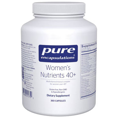 White supplement container labeled 'pure encapsulations Women's Nutrients 40+' on a white background