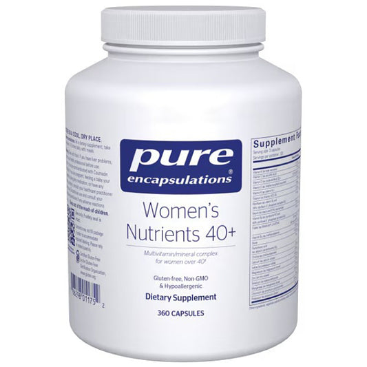 White supplement container labeled 'pure encapsulations Women's Nutrients 40+' on a white background