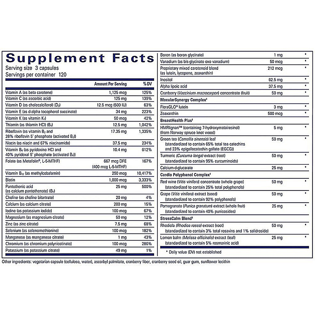 Supplement facts label with detailed nutritional information on a white background
