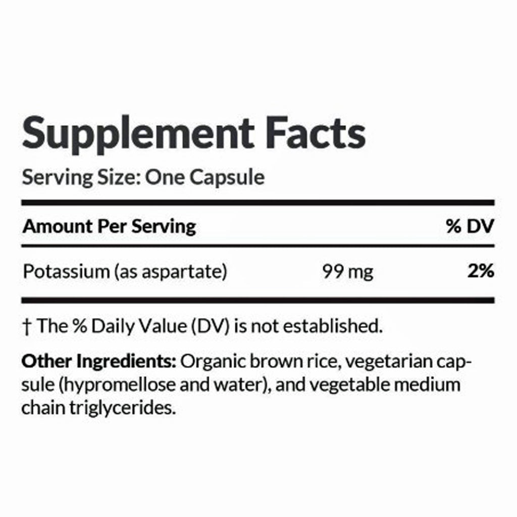 Supplement facts label with potassium content and other ingredients on a white background