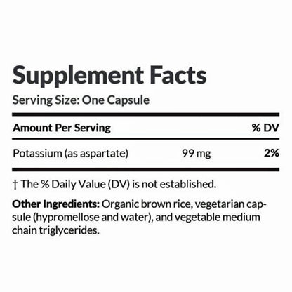Supplement facts label with potassium content and other ingredients on a white background