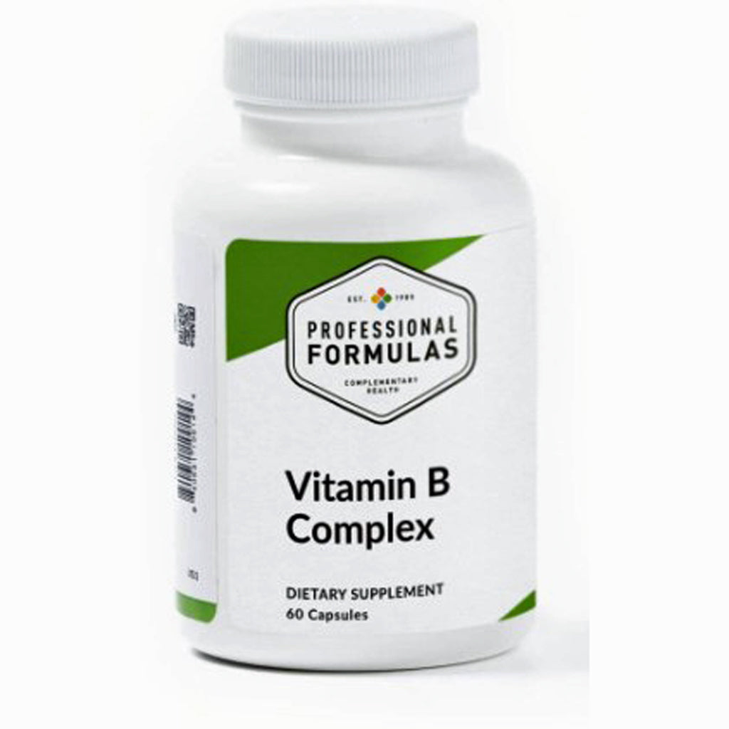 Supplement bottle labeled 'Vitamin B Complex' by 'Professional Formulas' on a white background