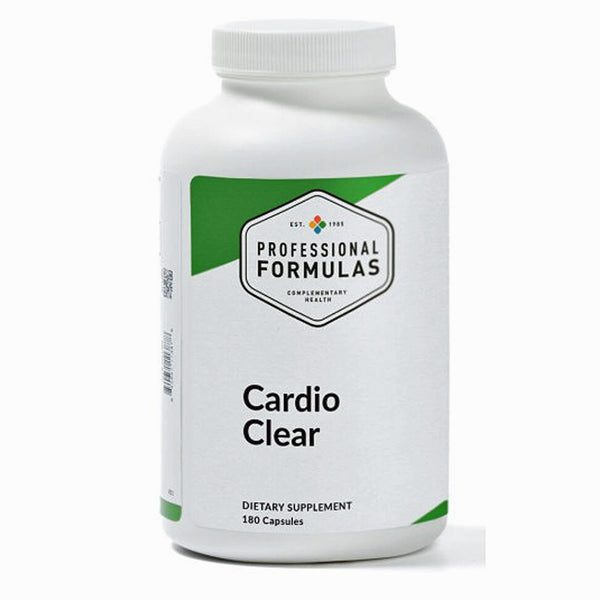 Supplement bottle labeled 'Cardio Clear' by 'Professional Formulas' on a white background