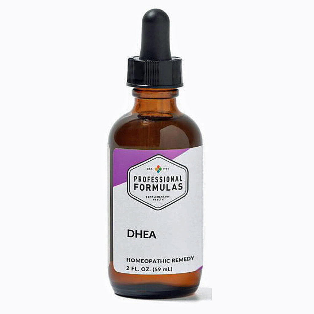 Bottle of DHEA supplement with dropper labeled 'Professional Formulas' on a white background