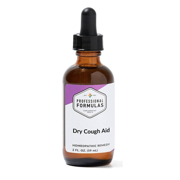 Amber glass bottle with dropper labeled 'Dry Cough Aid' on a white background