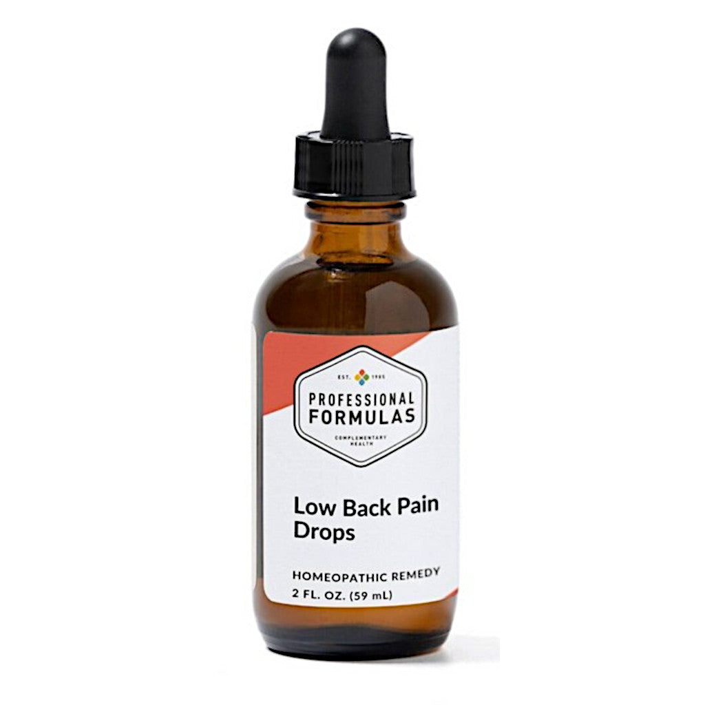 Bottle of Low Back Pain Drops with a dropper on a white background
