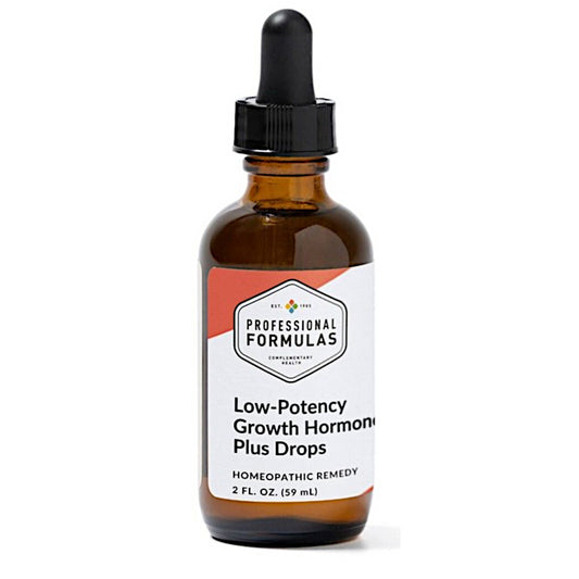 Bottle of Low-Potency Growth Hormone Plus Drops with dropper on a white background