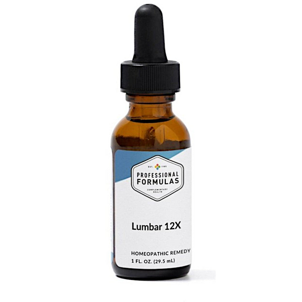 Bottle of Professional Formulas Lumbar 12X homeopathic remedy on a white background