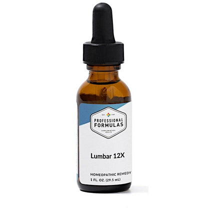 Bottle of Professional Formulas Lumbar 12X homeopathic remedy on a white background