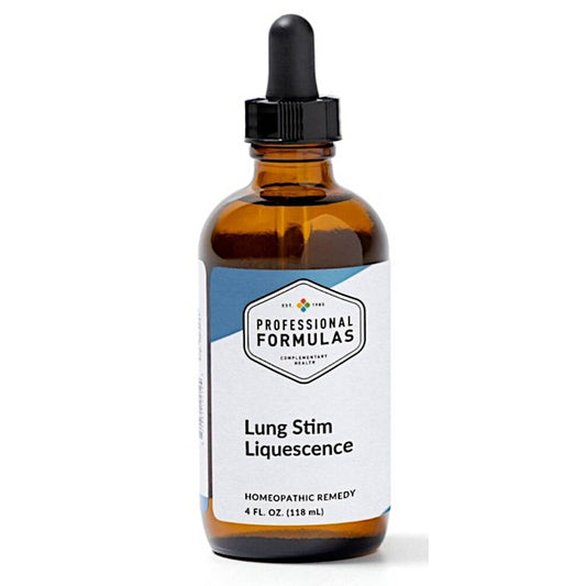 Amber glass bottle with dropper labeled 'Lung Stim Liquescence' on a white background