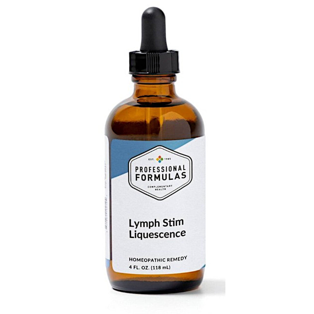 Bottle of Lymph Stim Liquescence with dropper on a white background