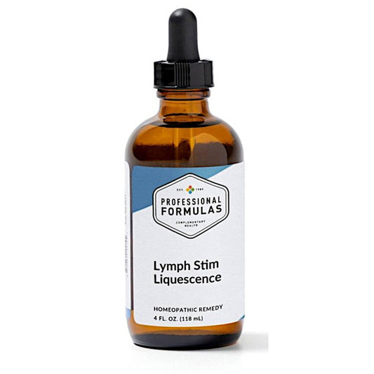 Bottle of Lymph Stim Liquescence with dropper on a white background
