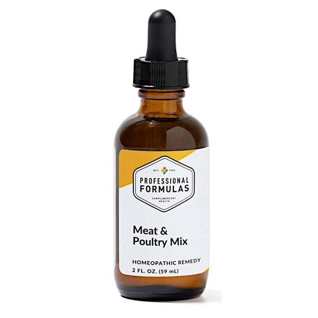 Amber glass bottle with dropper labeled 'Professional Formulas Meat & Poultry Mix' on a white background