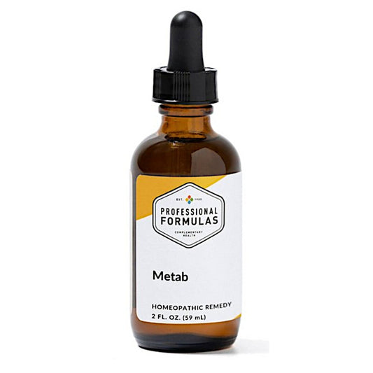 Amber glass bottle with dropper labeled 'Professional Formulas Metab' on a white background