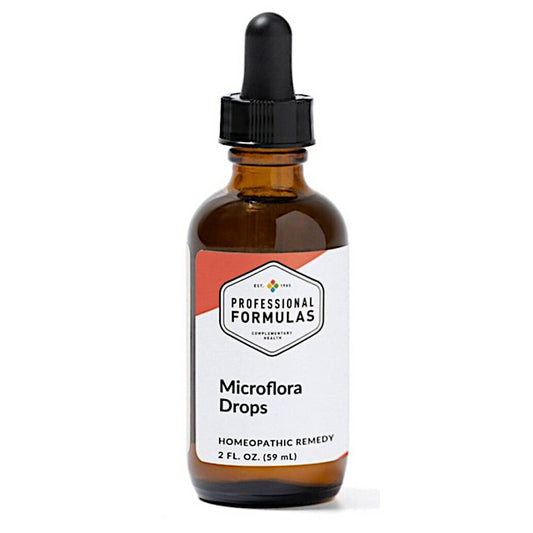 Bottle of Microflora Drops with a dropper on a white background