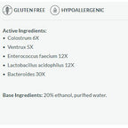 List of active and base ingredients on a white background with gluten-free and hypoallergenic icons.