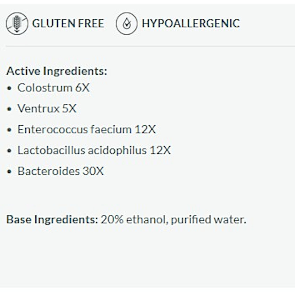 List of active and base ingredients on a white background with gluten-free and hypoallergenic icons.