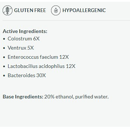 List of active and base ingredients on a white background with gluten-free and hypoallergenic icons.