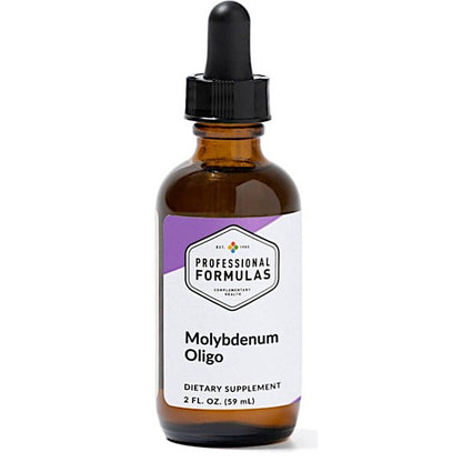 Brown glass bottle with dropper labeled 'Professional Formulas Molybdenum Oligo' on a white background