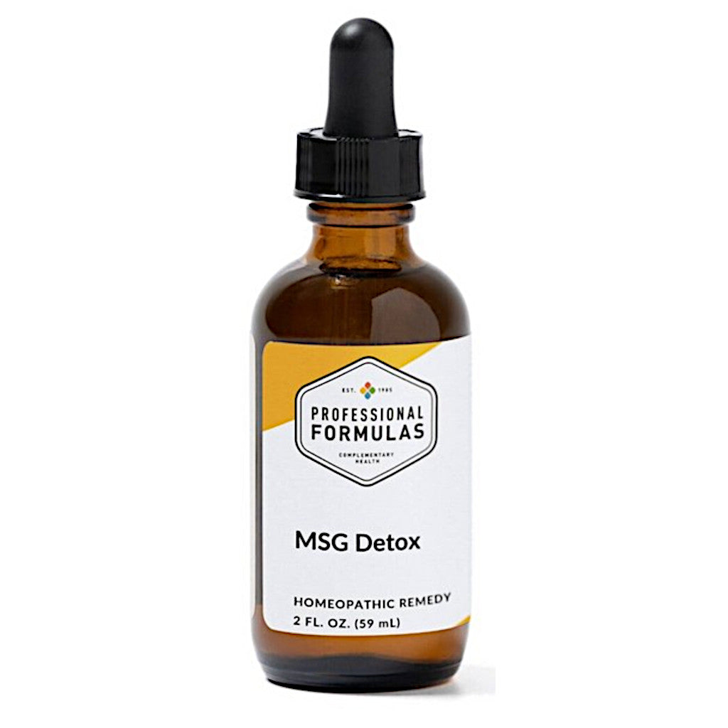 Amber glass bottle with dropper labeled 'Professional Formulas MSG Detox' on a white background