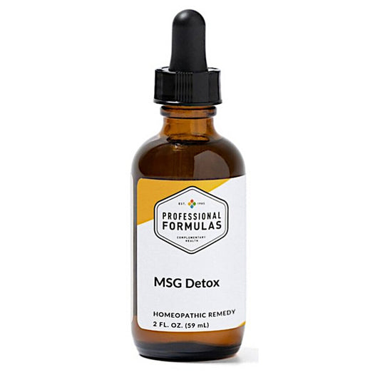 Amber glass bottle with dropper labeled 'Professional Formulas MSG Detox' on a white background