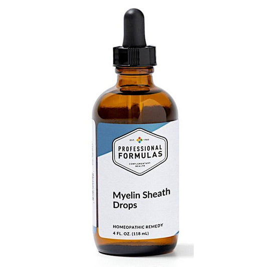 Bottle of Myelin Sheath Drops with a dropper labeled 'Professional Formulas' on a white background.