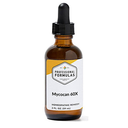 Brown glass bottle with dropper labeled 'Professional Formulas Mycocan 60X' on a white background