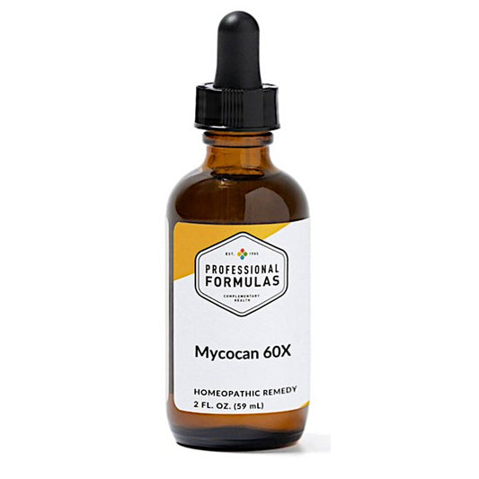 Brown glass bottle with dropper labeled 'Professional Formulas Mycocan 60X' on a white background