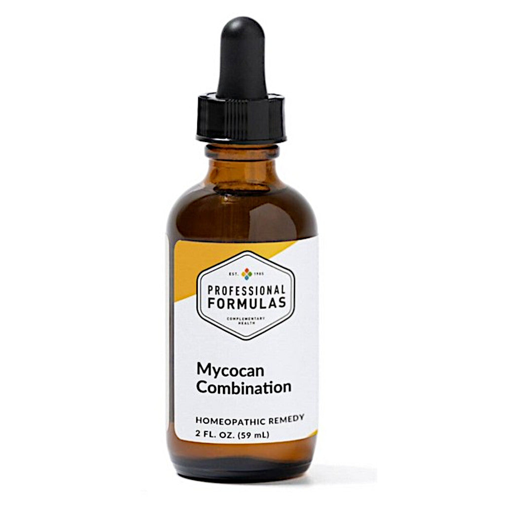 Brown glass bottle with dropper labeled 'Professional Formulas Mycocan Combination' on a white background