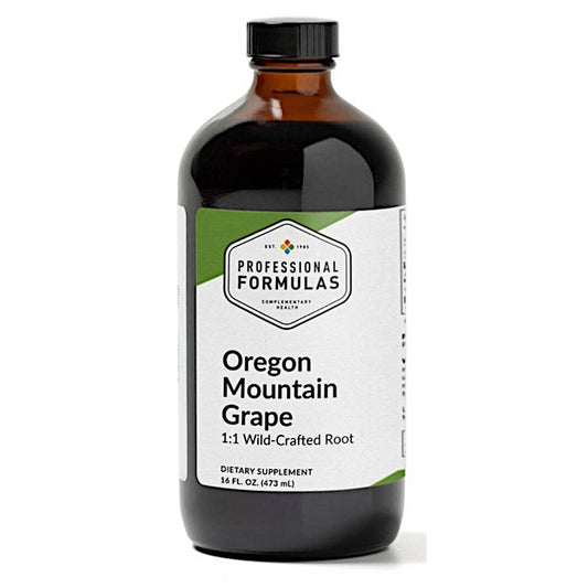 Bottle of Oregon Mountain Grape supplement with a white label on a white background