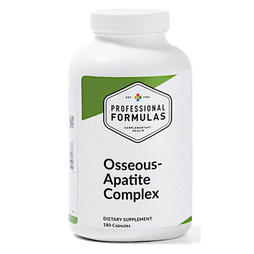 Supplement bottle labeled 'Osseous-Apatite Complex' by Professional Formulas on a white background