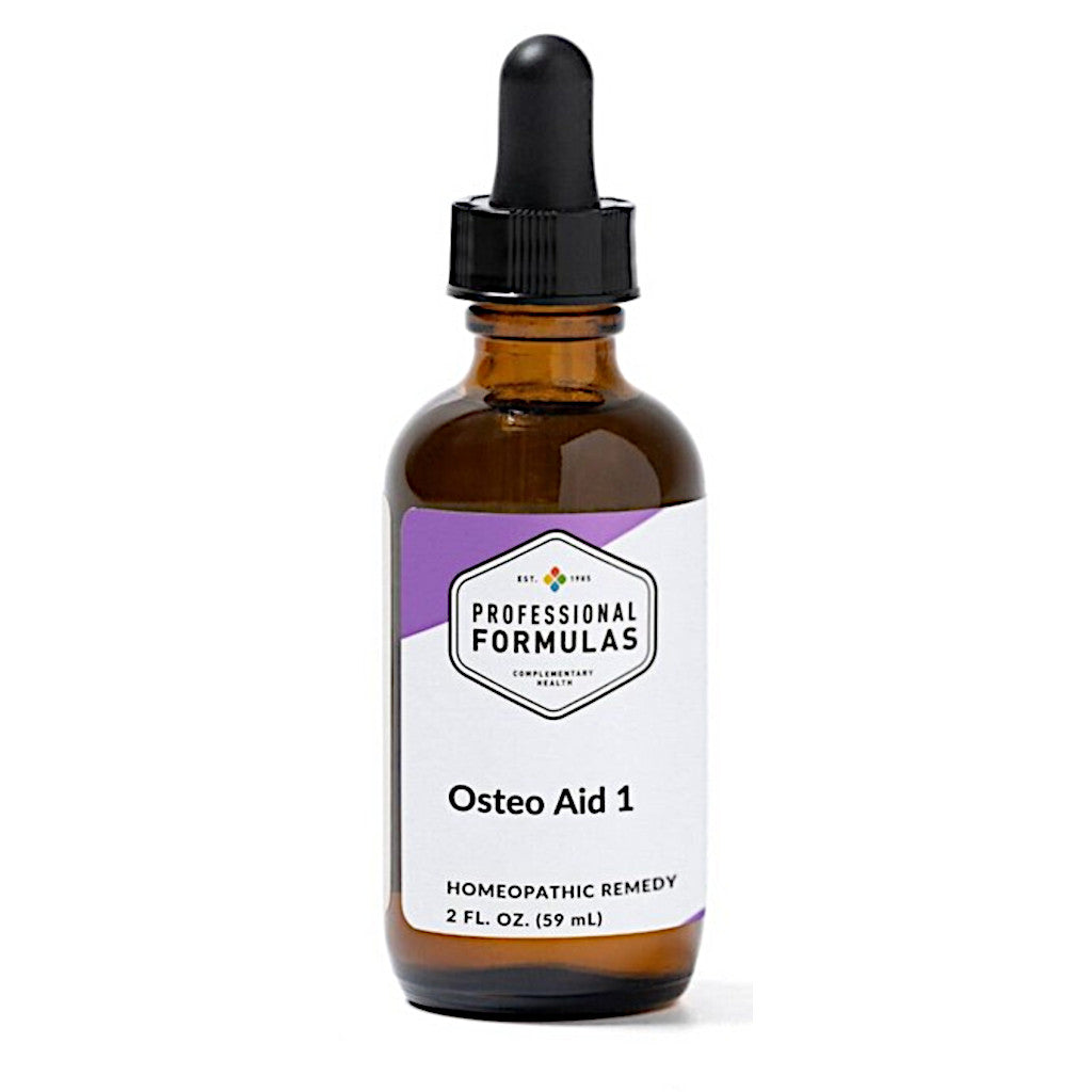 Bottle of 'Osteo Aid 1' homeopathic remedy with a dropper on a white background