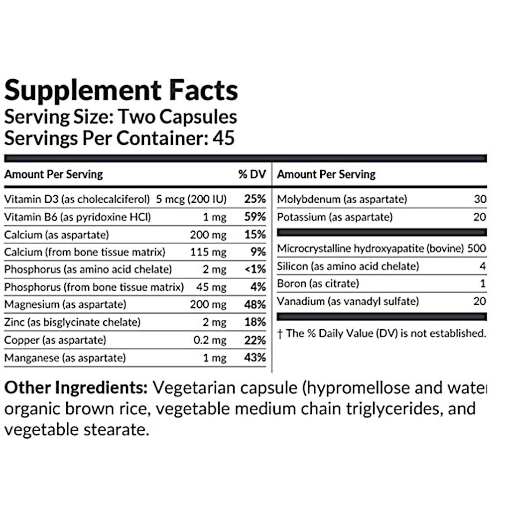 Supplement facts label with detailed nutritional information on a white background