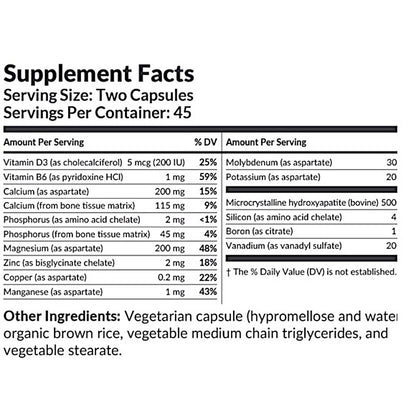 Supplement facts label with detailed nutritional information on a white background